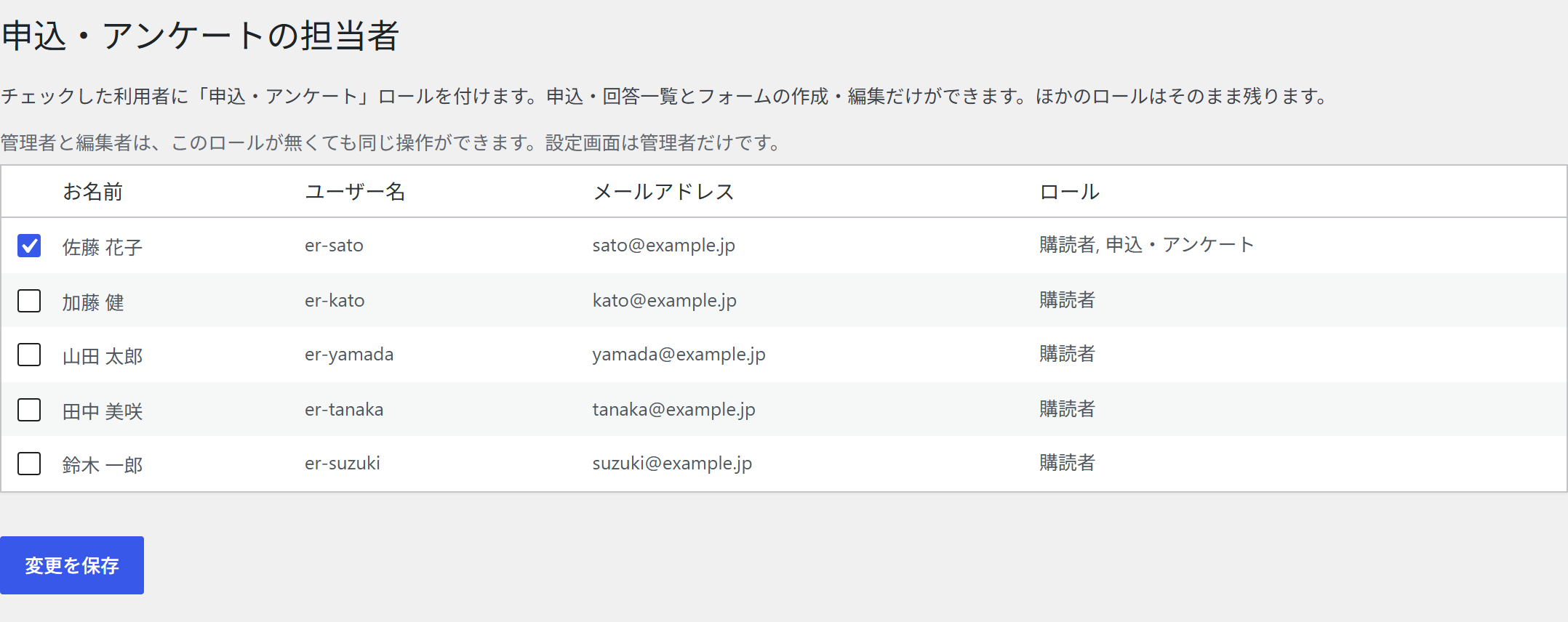 担当者画面。利用者ごとのチェック欄とロール