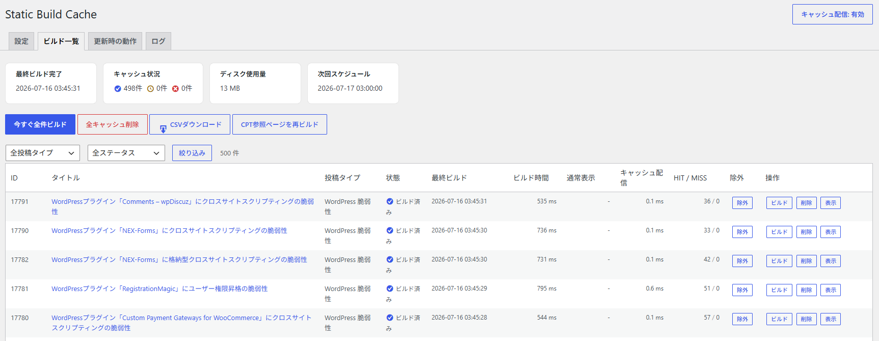 Static Build Cache 管理画面