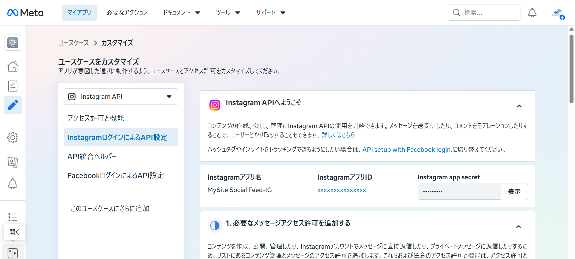 ユースケースのカスタマイズ画面。左メニューでInstagramログインによるAPI設定が選択されている