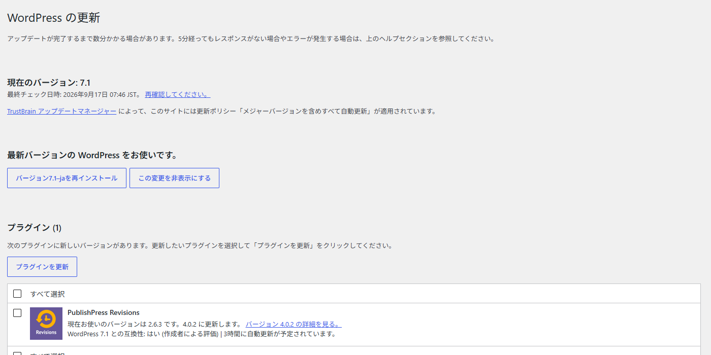 WordPress の更新画面に、適用中の更新ポリシーが表示されている